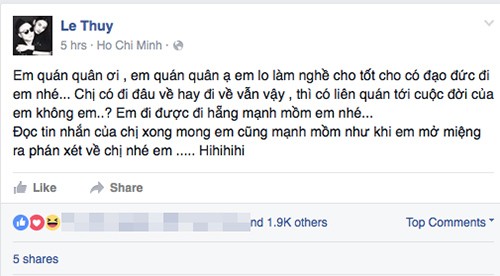 Lê Thúy đanh thép gửi lời nhắn nhủ tới đàn em Hương Ly.
