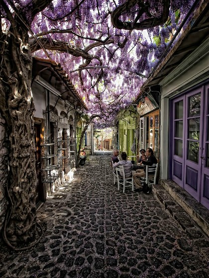 Thị trấn Mithymna của Hy Lạp luôn khiến du khách phải xiêu lòng trước những con đường nhỏ rợp bóng hoa tím. Nơi này còn được biết đến với cái tên Mylyvos.