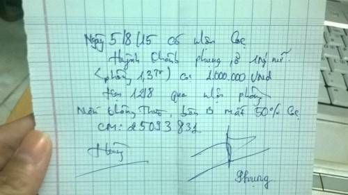 Từ giấy thỏa thuận nhân tiền cọc rất sơ sài và không có nhiều giá trị pháp lý, khiến các bạn gặp nhiều khó khăn dể bảo vệ những quyền lợi chính đáng của bản thân. (Ảnh: Nạn nhân cung cấp)