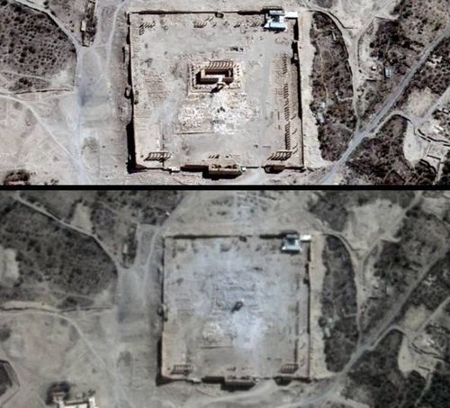 Hai tấm hình trước (ảnh trên) và sau khi đền Bel ở Syria bị những chiến binh Nhà nước Hồi giáo (IS) tự xưng phá hủy.