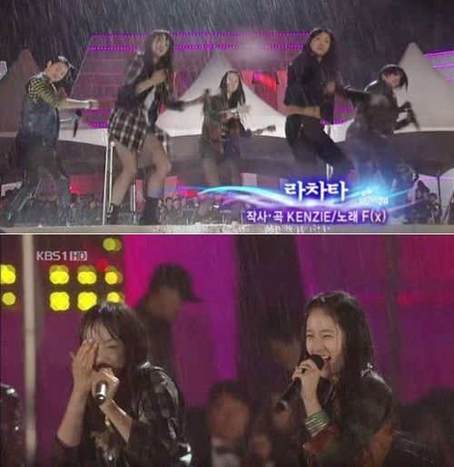 Ca khúc La Cha Ta mà nhóm f(x) biểu diễn tại sân khấu đài KBS năm 2009 được người hâm mộ biến tấu thành “Rain Cha Ta”. Lý do là bởi ngay khi bài hát bắt đầu, mưa lớn rơi xối xả khiến 5 cô gái thậm chí không thể mở mắt. Trong tình trạng ướt nhẹp vì mưa, f(x) vẫn kiên trì mỉm cười hoàn thành màn trình diễn.