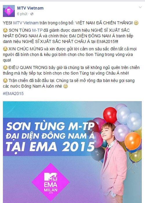 Trang fanpage riêng, MTV Việt Nam xác nhận Sơn Tùng chiến thắng ở vòng bình chọn khu vực Đông Nam Á.