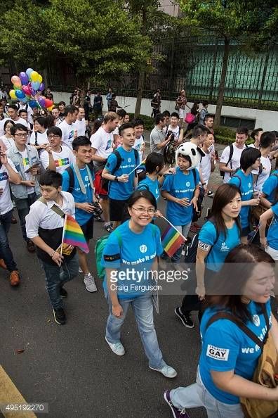 TAIPEI, TAIWAN - 2015/10/31: Google and HP workers joined in the march at the annual gay pride event. Upwards of 60 000 people took to the streets of Taipei for the annual Pride march, the largest such event in Asia. Taiwan is often said to be the likeliest Asian nation to legalize gay marriage. (Photo by Craig Ferguson/LightRocket via Getty Images)