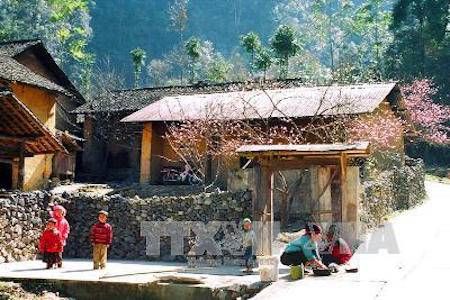 Nếp nhà mới dựng của một gia đình người Mông ở bản Lũng Cẩm, xã Sủng Là, huyện Đồng Văn chuẩn bị đón Xuân về. Ảnh: Văn Phát - TTXVN.