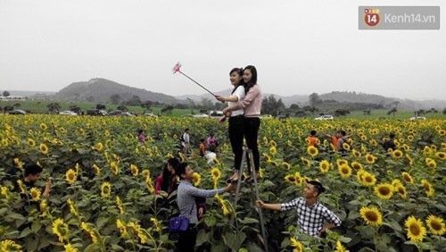 Hai bạn trẻ sử dụng thang để góc chụp đẹp hơn - (Ảnh: Phương Thảo).