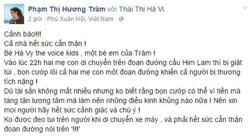 Status về vụ tai nạn của mẹ con bé Hà Vi được Hương Tràm đăng tải trên mạng xã hội.