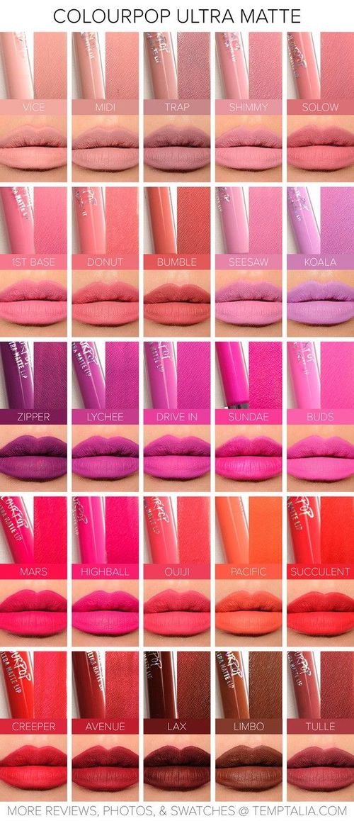 Bảng swatch một số màu son của Colourpop Ultra Matte Liquid.