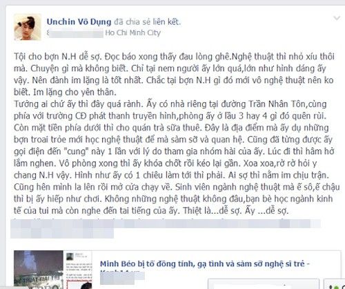 Ngoài Hoàng Tôn, nhạc sĩ Phúc Trường, đạo diễn, biên kịch Unchin vô dụng của phim ngắn Xin lỗi! Anh chỉ là thằng bán bánh giò cũng cũng công khai tiết lộ sự thật về con người Minh Béo.
