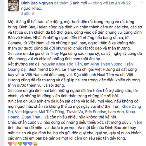 Chú rể Đình Bảo vẫn cám ơn Việt Hương mặc cho danh ca Hương Lan chê trách - Ảnh 3 Chú rể Đình Bảo vẫn cám ơn Việt Hương mặc cho danh ca Hương Lan chê trách - Ảnh 3