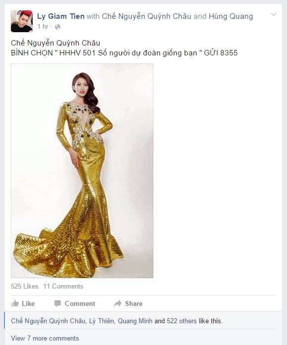 Trong khi đó, Quán quân Project Runway 2014 Lý Giám Tiền, người thiết kế trang phục dạ hội cho Quỳnh Châu, bất ngờ hé lộ mẫu váy kiêu sa người đẹp sẽ mặc trong đêm chung kết. Tài năng trẻ của làng mốt cũng không quên kêu gọi bạn bè nhắn tin ủng hộ cho "nàng thơ" của anh - thí sinh mang SBD 501.