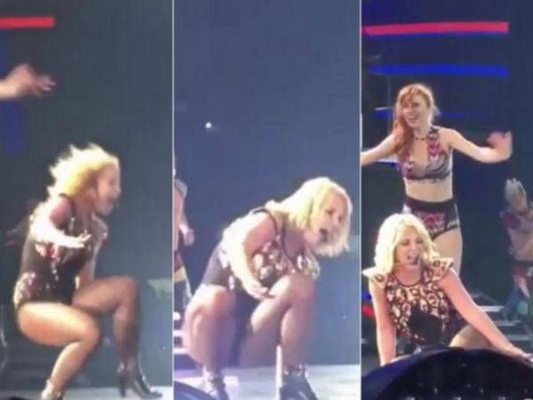 Hôm 29/4, khi đang biểu diễn ca khúc Crazy, Britney bị vấp và ngã ngay trên sân khấu ở Las Vegas. Hậu quả là cô được bác sĩ chẩn đoán bị giãn dây chằng. Nữ ca sĩ buộc phải hủy diễn để nghỉ ngơi điều trị trong một tuần.