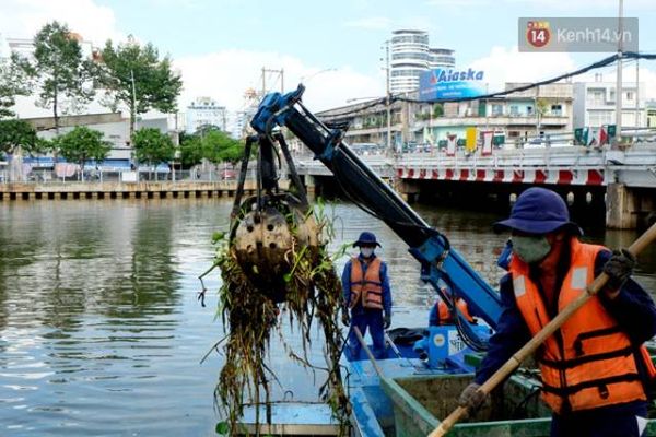 Dùng máy cẩu để vớt rác vì quá nhiều.