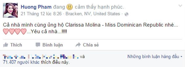 Phạm Hương lên Facebook kêu gọi người hâm mộ quê nhà ủng hộ đại diện Dominica sau khi cô bất ngờ trượt Top 15 chung cuộc.