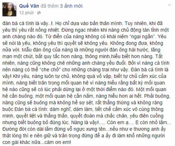 Status mới nhất của Quế Vân trên trang Facebook riêng.