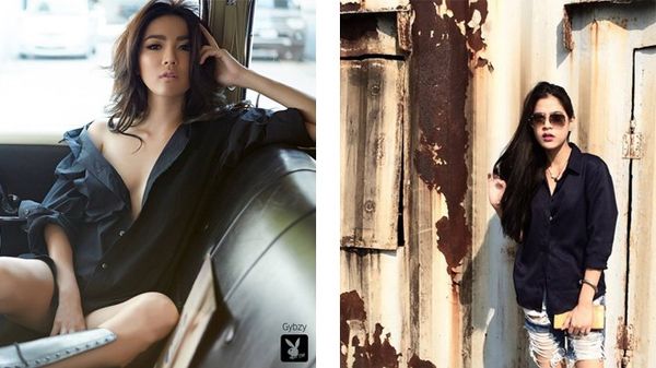 Cùng một style black shirt, Apinya cực chất khi phối cùng jean rách thì Wanida chọn cho mình kiểu áo giấu quần quyến rũ.