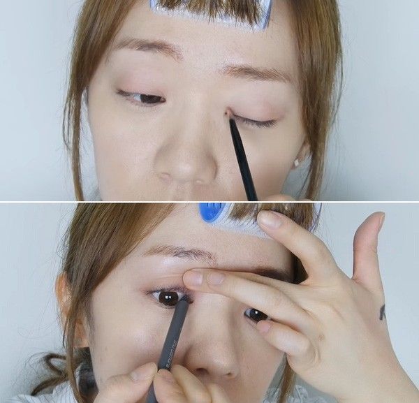 Toàn bộ phần trang điểm mắt trong video này chỉ sử dụng 1 màu phấn mắt (hồng nhạt không nhũ) và 2 cây eyeliner, một đen và một nâu.