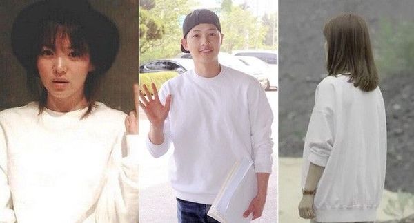 Ngoài chiếc sweatshirt màu ghi ở trên, Song - Song dường như còn mặc chung một chiếc sweatshirt trắng. Song Joong Ki từng diện nó trong buổi đọc kịch bản "Hậu Duệ Mặt Trời" hồi năm ngoái còn Song Hye Kyo đã "mặc lại" nó trong phim và cả ngoài đời.