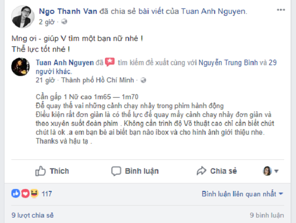 Ng&ocirc; Thanh V&acirc;n chia sẻ th&ocirc;ng tin tuyển diễn vi&ecirc;n đ&oacute;ng thế l&ecirc;n trang c&aacute; nh&acirc;n của m&igrave;nh.