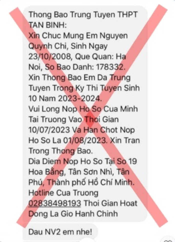  Sở GD&ĐT TP.HCM cảnh báo tin nhắn lừa đảo thông báo trúng tuyển vào lớp 10 Ảnh 1