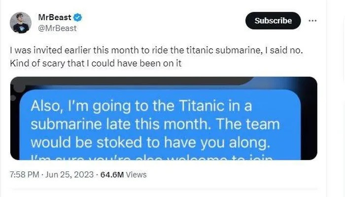  YouTuber MrBeast thoát nạn vì từ chối lời mời thám hiểm xác tàu Titanic Ảnh 1
